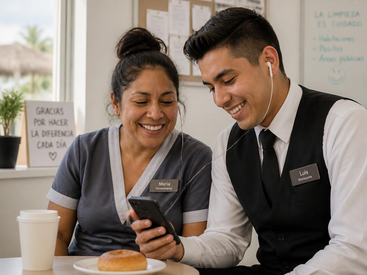 Two hospitality employees taking a short English lesson on a phone during their break